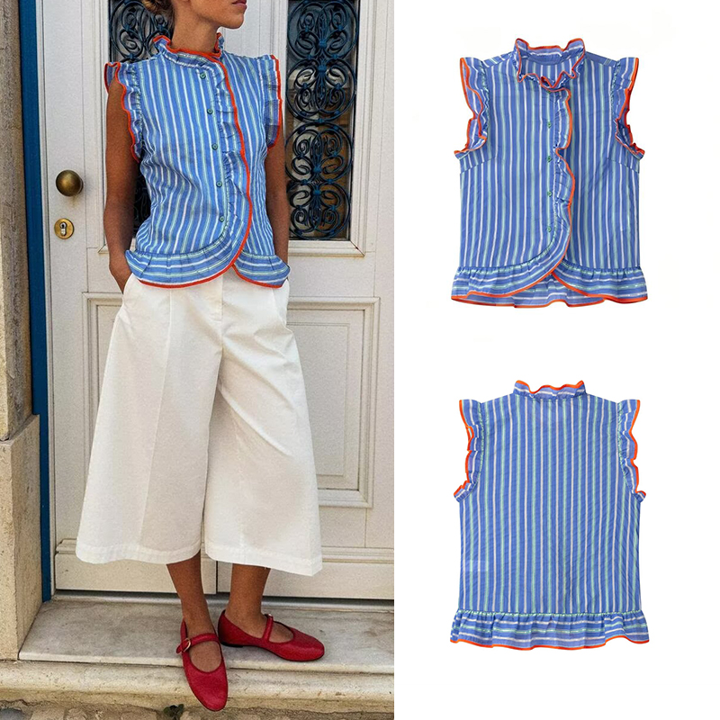 Blauw dameshemd met verticale  - Shirt Camp Collar recensie en prijs